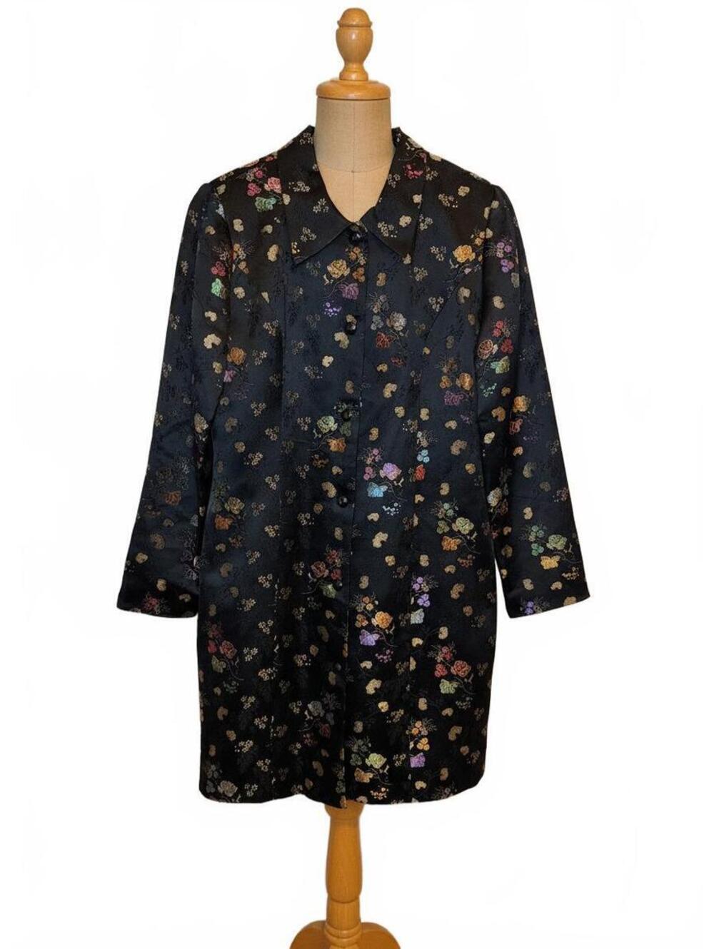 Black Floral Brocade Coat Silk Blend Chinoiserie Evening Formal Jacket Size L